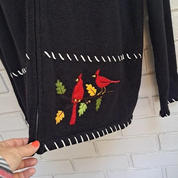 Breckenridge Black Embroidered Red Cardinal Zip Up Sweater. Size XL - Picture 3 of 10